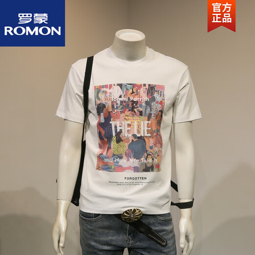 
ROMON (ROMON) 2024 short-sleeved T-shirt for men in summer fashion European print men's pure cotton slim round neck versatile half-sleeved t white 683 heavyweight M 95115Jin [Jin equals 0.5 kg]