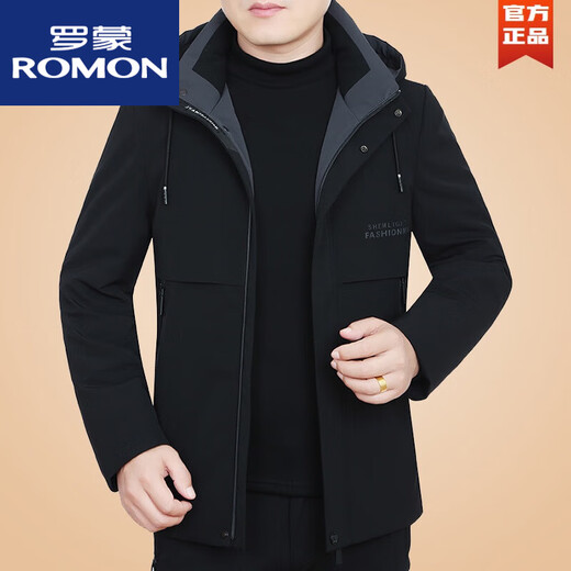ROMON men's casual jacket, middle-aged autumn and winter new thickened men's hooded top daddy black 98563 cotton style XL 180 suitable for 135155Jin Jin equals 0.5 kg