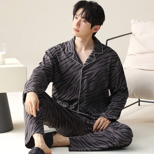 Catman 2025 new pajamas men's cardigan lapel long sleeve trousers large size men's spring and autumn home clothing suits can be worn outside 42M12014 4XL men: