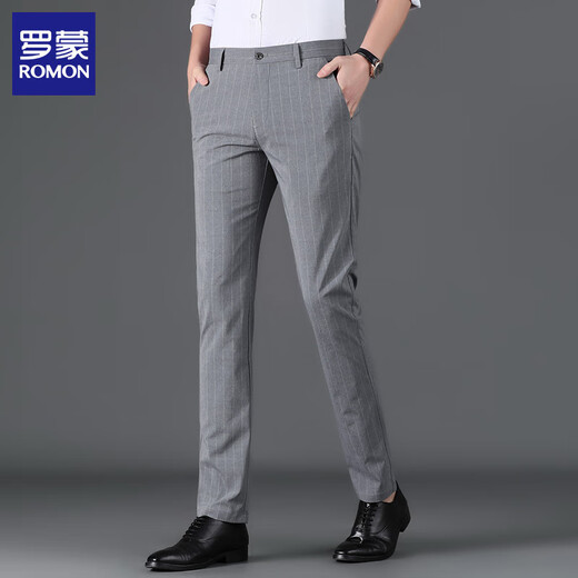 ROMON men's trousers spring and autumn new style business casual striped middle-aged and young straight-leg long trousers for men's trousers 719 gray 29