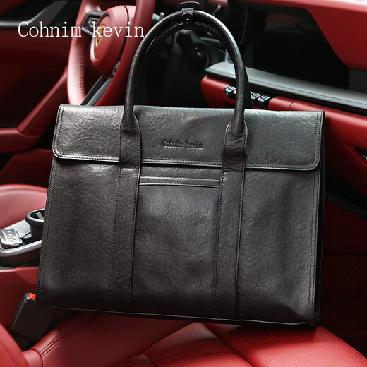 Cohnim kevin genuine leather briefcase luxury brand men's laptop document cross-body bag as a Valentine's Day gift for boyfriend and father, first-layer cowhide c01875 dark black, medium bag 14 inches