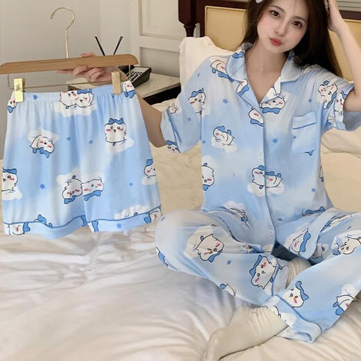El pijama jiikawa de estilo japonés poco profundo para mujeres en pantalones cortos de primavera y otoño pantalones de tres piezas Estudiante de tres piezas Linda ropa de hogar de dibujos animados 14118# Green Polka Dog Juego de tres piezas Shorts de manga corta M 75-100Jin [Jin equivale a 0.5 kg]