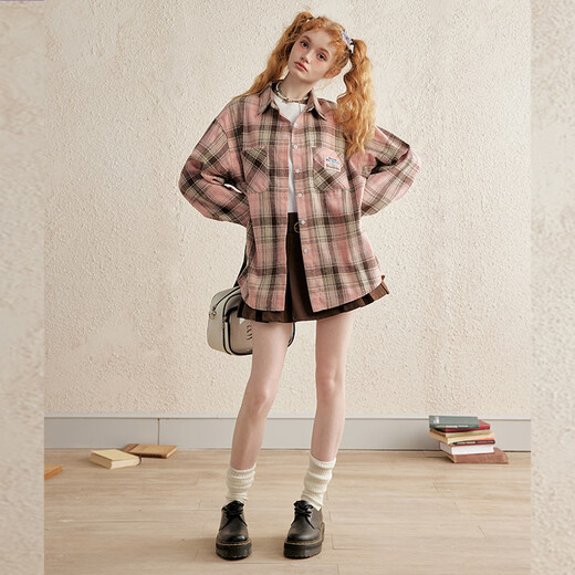 UNIFREE Pink Plaid Brushed Shirt Women's College Style Loose Casual Versatile American Retro Japanese Shirt M