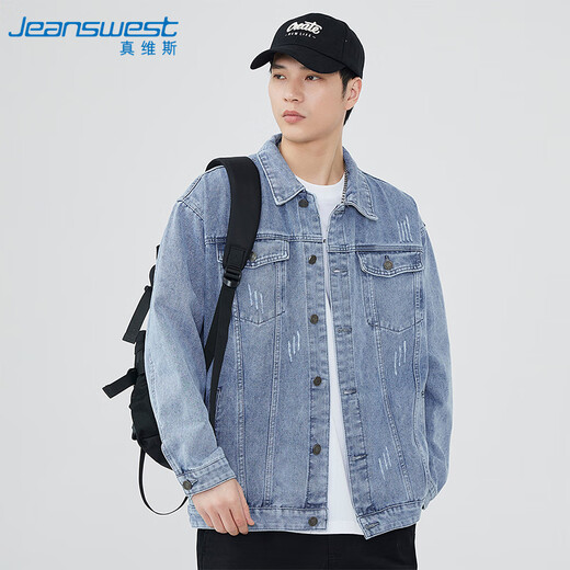 JEANSWEST Denim Jacket Men's 2025 Autumn Denim Jacket Men's Trendy Brand Comfortable Loose Versatile Top Clothes Blue XL