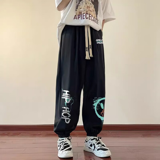 沼泽地裤子男冰丝薄款男士宽松潮流休闲裤青少年学生九分裤运动哈伦男裤 G109F68黑色(束脚) XL