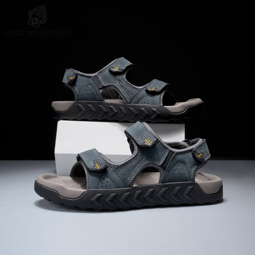 JACK WOKEKNSN Wolf Claw Cloud Sandals Men's 2025 New Summer Outerwear Anti-Slip Dad Sandals Men's Thick-soled Genuine Leather Wading Sand Dark Gray Counter Genuine 43