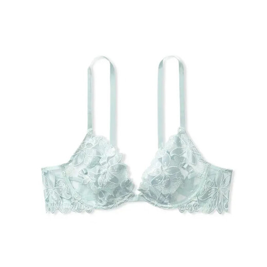 Victoria's Secret Floral Embroidery Fixed Strap Mesh Bra Water Blue Water Blue 70C