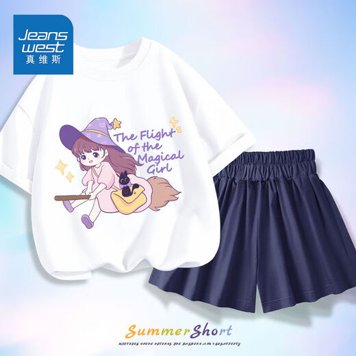 真维斯童装儿童套装2025新款女童夏季短袖t恤中大童宽松洋气裤裙 【1套le】白粉bls761 150