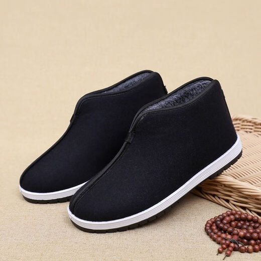 Duyinchu 2024 old Beijing cloth shoes men's high top plus velvet warm cotton shoes for middle-aged and elderly dads retro style old man cotton shoes black (wool) 40