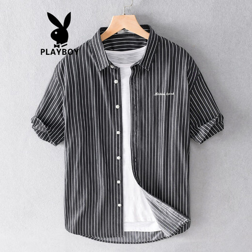 花花公子（PLAYBOY）夏季纯棉日系新款休闲短袖衬衫条纹免烫帅气男士衬衣服 9738浅蓝条纹 XL 130斤左右