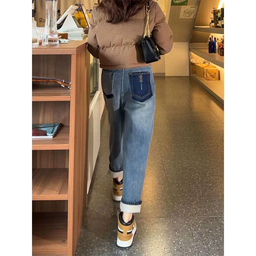 Cotton plus velvet thickened retro straight jeans for women in autumn and winter new high-waisted loose slim harem casual pants retro blue 8668 plus velvet high quality 38 L 105-120Jin Jin is equal to 0.5 kg