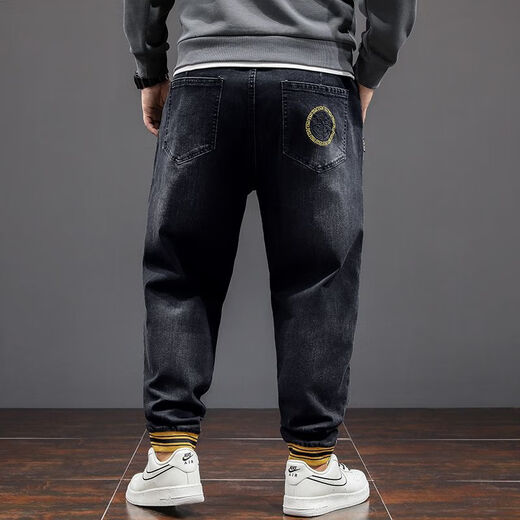 Fei Shimi Autumn New Fashion Brand Elastic Small Foot Jeans Fat Loose and All-Match Pants Elastic Waist Fat Pants 300 Jin [Jin equals 0.5 kg] Black 9901 XL 1 (130-150 Jin [Jin equals 0.5 kg])