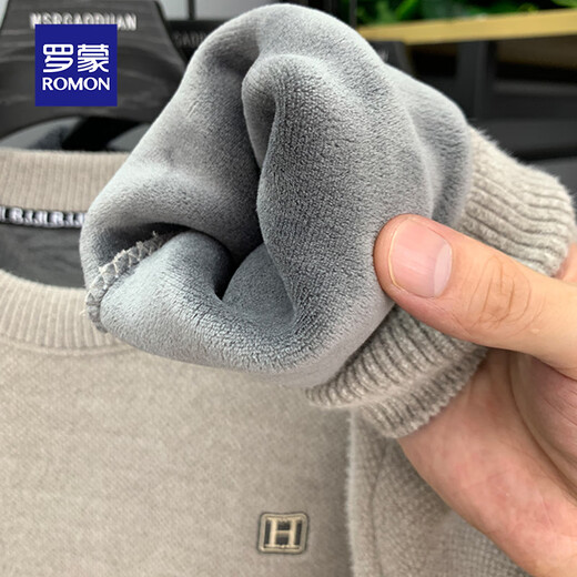 Luo Meng all-in-one velvet high-end round neck sweater men's autumn and winter velvet thickened warm base sweater clothes light gray XL