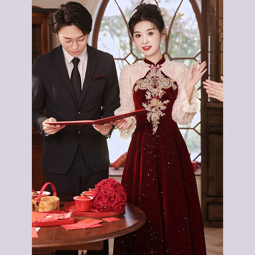 Li Baixin Chinese style cheongsam toasting dress 2025 new bride wedding luxury autumn and winter red wedding dress engagement dress spring burgundy long style L recommended 100-110Jin Jin equals 0.5 kg