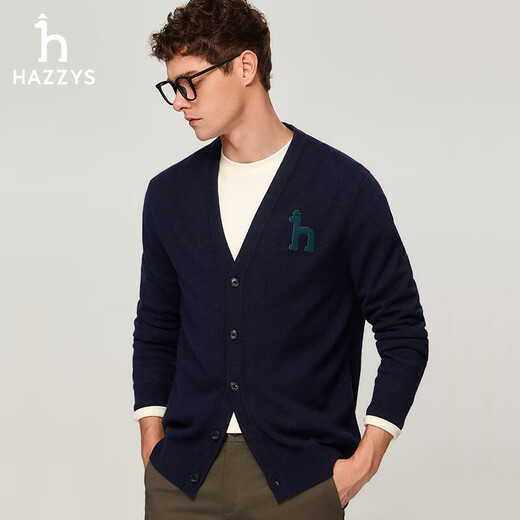 HAZZYS men's solid color V-neck wool cardigan ABYZD0BDF51 dark navy DN 170/92A46