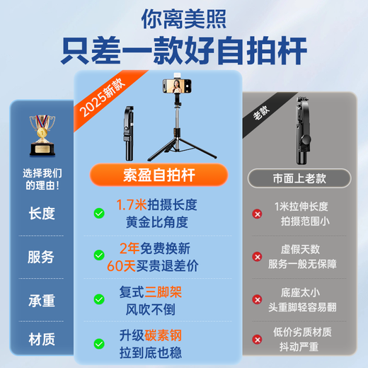Suying [1.7 metros ultra-ancho ángulo] selfie stick trípode teléfono móvil pisos artefacto de 360 ​​grados giratoria anti-shake gimbal gimbal portátil de viaje en vivo de escritorio de escritorio de escritorio