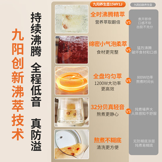 Jiuyang boiling health kettle, soft sound and noise reduction, multi-functional health kettle, stew kettle, flower tea kettle, tea kettle, kettle glass panel 15WY1J regular power version 1.5L