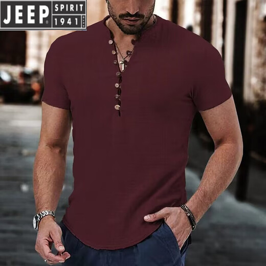 JEEP SPIRIT2025夏季男士短袖简约V领休闲亚麻t恤男潮流宽松透气棉麻打底衫潮 杏色 XL 尺码偏大
