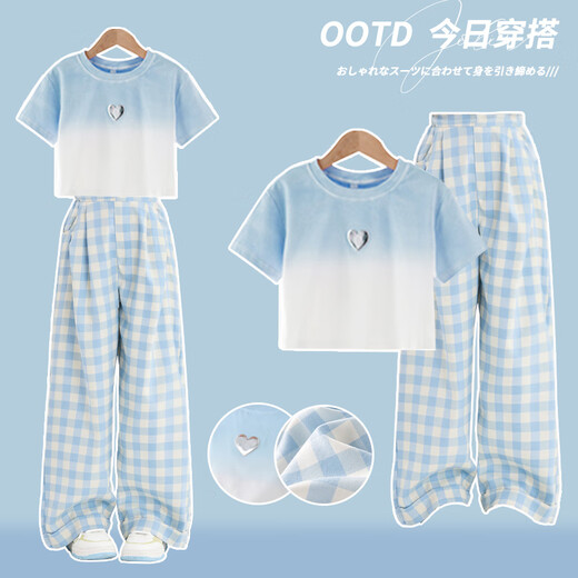NICKYBABY Girls Suit Summer 2025 New Children's Short Sleeve Wide Leg Pants Two-Piece Set Big Children's Summer Casual Fashion Clothes 18897 Blue Gradient Pink +15266 Blue 160 cm