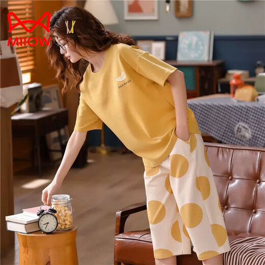 Cat Man (MiiOW) pure cotton pajamas for women in 2025 new summer short-sleeved cropped pants thin casual outdoor wear suit 7 points: 677 colored duck women XXXL