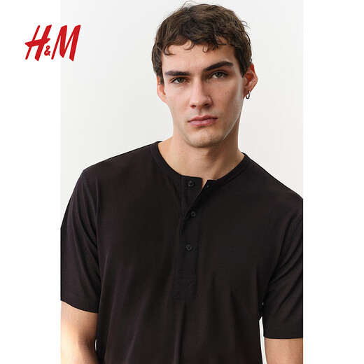 H/M Men's Women's T-shirt 2025 Summer New Henry Collar Straight Shoulder Rib Comfort Short Sleeve Top 1260008 Cream 2XL 180/124