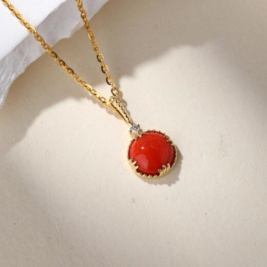 Meluxe yellow 18K gold coral pendant red natural coral necklace round coral inlaid with diamonds birthday gift for wife 7-8MM (with silver chain)