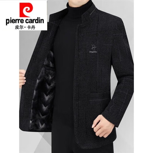 皮尔卡丹（pierre cardin）男装呢夹克秋冬新款立领外套爸爸装加绒加厚上衣 黑色6211FL M 170