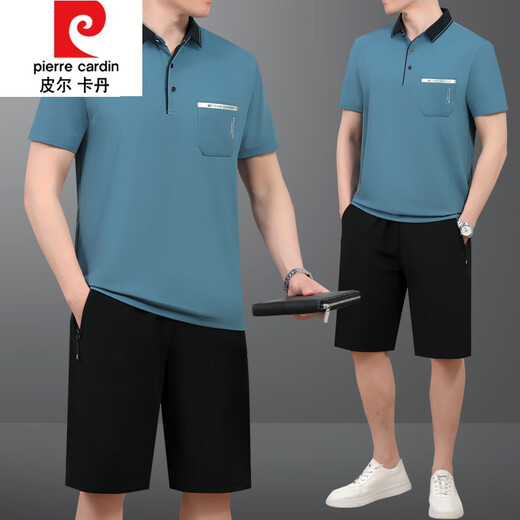 皮尔卡丹（pierre cardin）2024夏季新款中年男士爸爸父亲装冰丝短袖t恤短裤跑步运动服套装 691牛仔蓝 L建议【100斤-----120斤】体恤+
