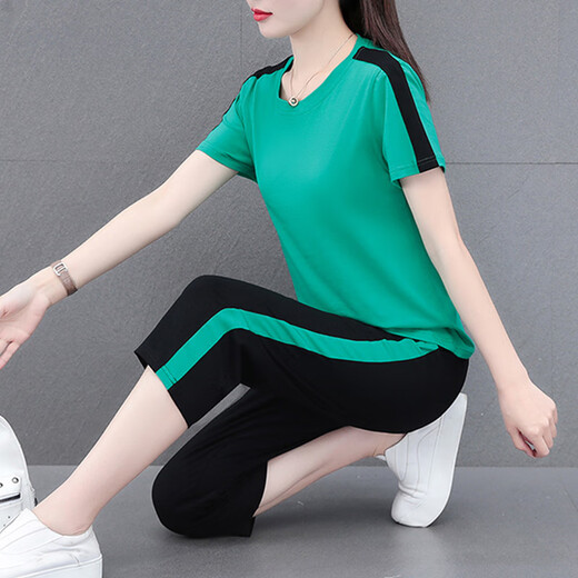 NY-EMMA运动套装女短袖夏季薄款高档洋气显瘦小个子休闲时尚跑步服两件套 683卡其（七分裤套装） 2XL(建议125-140斤)