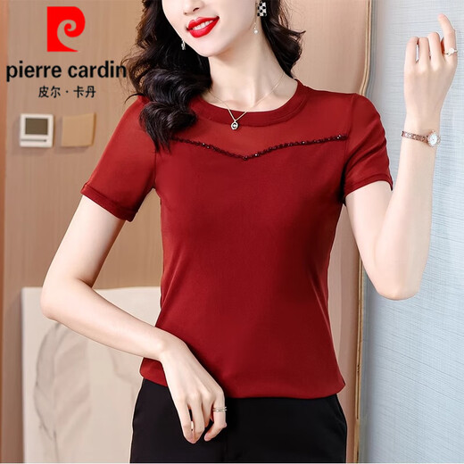 Pierre cardin mesh base shirt for women short-sleeved T-shirt for women 2025 new summer black mother l mother dress shirt slim lace top black (short-sleeved style) 1390# 2XL