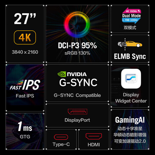 ASUS ROG XG27UCG JUE Shen 27-Zoll-Monitor 4K E-Sports Monitor 4K Monitor 4K 160Hz Dual-Mode 1K 320Hz HDR400RA Dual-Mode-Schalten 丨 xg27ucg-w weiß blasen