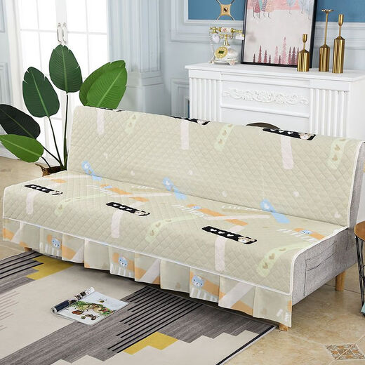 Xuxian full-cover sofa cushion foldable sofa bed cover four-season universal non-slip sofa cover simple dual-purpose without armrests striped beige 1.2 meters long 1.5 meters wide