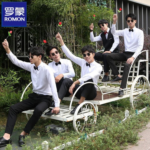 罗蒙（ROMON）伴郎服西式兄弟装男士西装马甲衬衫三件套装结婚礼服兄弟团服夏季 黑马甲+白色 长-袖+黑裤( 领结) M