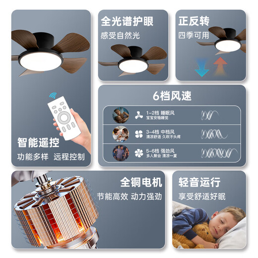 Ventilador para niños del clima Ventilador de dormitorio de la habitación del techo pequeño Ventilador de techo pequeño Ligero de pasillo silencioso Balcón del techo delgado Luz del ventilador completo Spectrum Elfos 29-724A Negro + Techo de grano de madera profunda