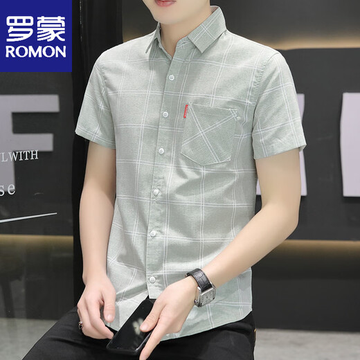 Romon 2025 Camisa de manga corta de verano Camisa de seda de hielo a cuadros para hombres Jóvenes de ropa formal