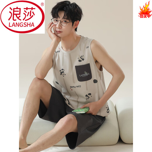 Langsha Herren -Pyjamas Sommer -Baumwollweste Shorts Set 2025 Neues lässiges runde Hals Ärmel und Heimkleidung OM13063# L