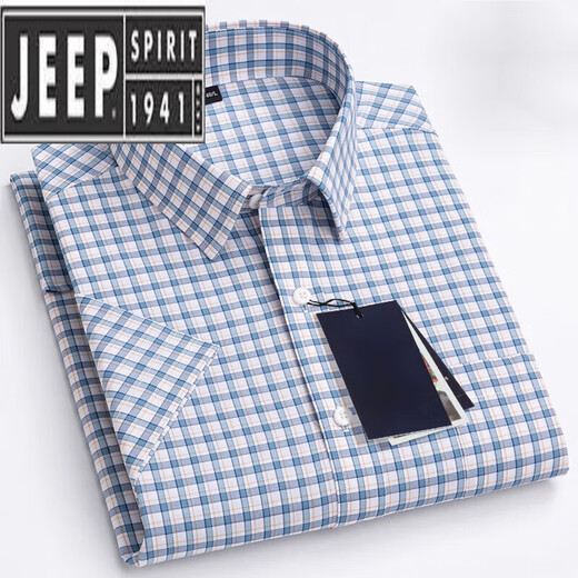 JEEP SPIRIT夏季纯.棉小格子衬衫男短袖薄款韩版修身潮流休闲棉半袖衬衣 绿色 PULO-F983 39