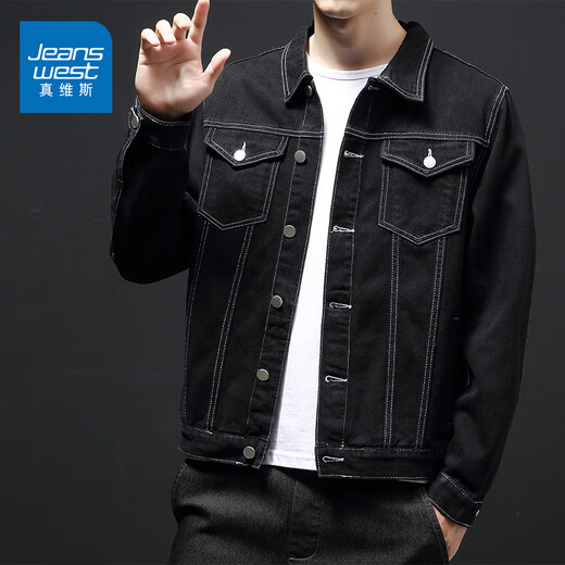 Jewish Black Denim Jacket Men's Autumn New American Versátil Jacket de trabajo Retro Street Casual Trend Top 9901J Black L [recomendado 110-125Jin [Jin equivale a 0.5 kg]]
