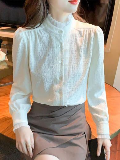 GIOIO standing collar and velvet shirt for women 2025 autumn and winter long-sleeved bottoming shirt with temperament court style chiffon top off white regular L