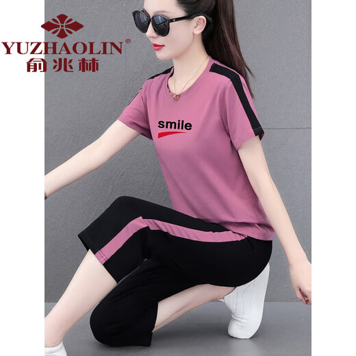 俞兆林妈妈装好棉运动服套装女夏季2024新款中年夏装休闲短袖七分裤两 皮红七分裤[687款] M (建议80-95斤)