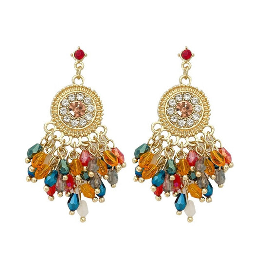 Jianla Super Fairy Colored Crystal Tassel Earrings Retro Exaggerated Ethnic Style Niche Design Bohemian Earrings for Women Colorful Heavy Industry Tassel Earrings A07-204