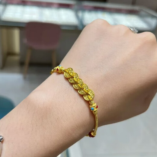 Fuwuzhong's design sense, ancient method, inheritance, gold color, peace and happiness, five emperors' money entwined bracelet, gift, peace and happiness