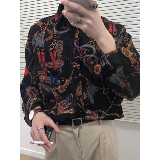 Xibaihua Hemd Hong Kong Style Gangster Hong Kong Style Retro Blumenhemd Männer hübsche Kleidung 80er Jahre Nostalgic Teen Black L