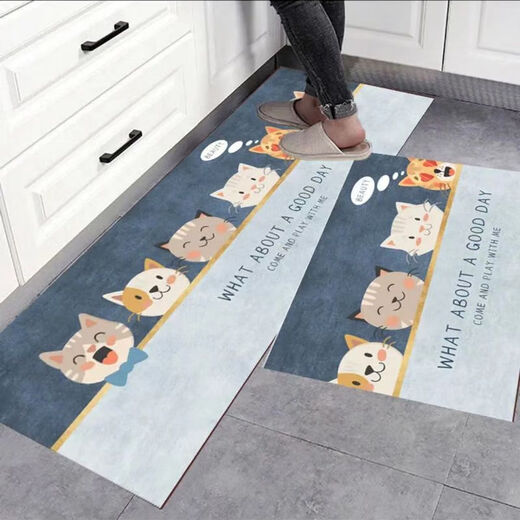 Mihou kitchen special floor mat for home use, water-absorbing, oil-absorbing and dirt-resistant floor mat, long non-slip and wear-resistant kitchen mat supports customization. Cute pet kitten-dark gray 50*80+50*160 style set