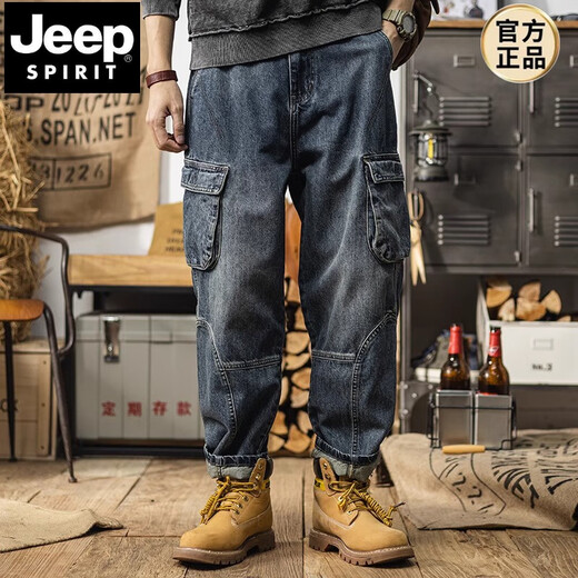 JEEP SPIRIT美式重磅复古工装牛仔裤男士宽松直筒潮牌大码多口袋哈伦休闲长裤 复古蓝 【尺码偏大】 XL 【建议130-145斤】