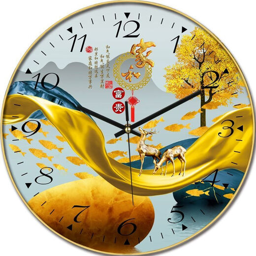 挂墙挂钟家用简约时尚钟表免打孔石英钟装饰画客厅挂钟 6636  鹿 12英寸 30厘米  玻璃+万年历