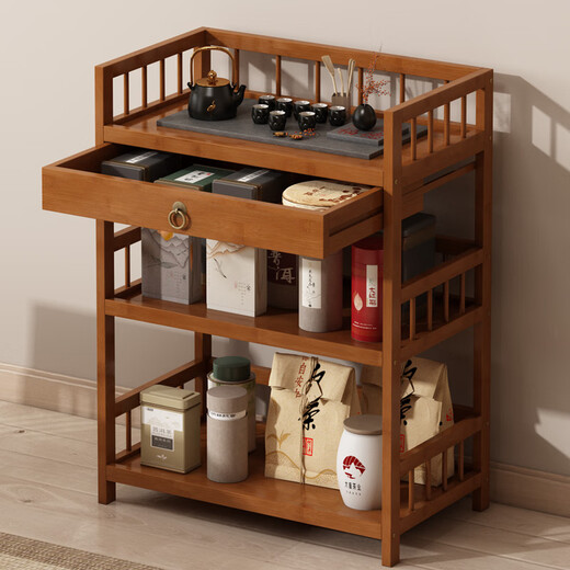 Kang Qianqiu tea cabinet storage rack bamboo wood small Bogu rack living room tea side cabinet tea room multi-layer tea set storage storage display rack with drawer 52 long three-layer multi-functional storage rack