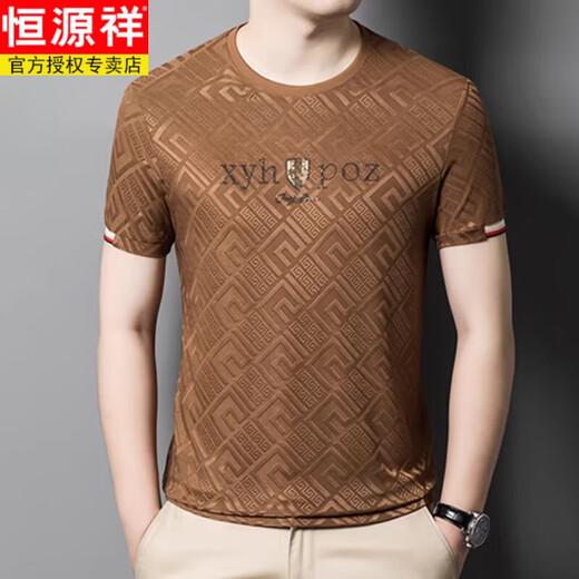 恒源祥夏季提花桑蚕丝t恤男士短袖圆领真冰|丝休闲百搭中年半袖潮流体恤 黑色838 175/XL码【135-150斤】
