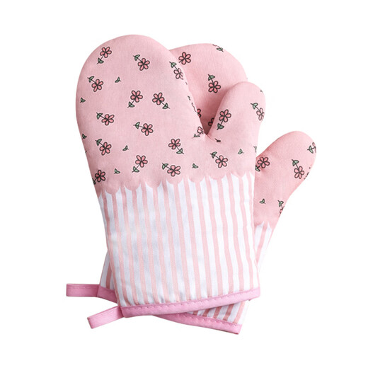 Household thickened insulation gloves oven baking anti-scalding and high temperature resistant gloves kitchen steamer microwave oven special gloves pink flowers