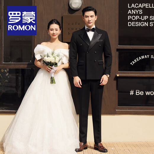 ROMON Tuxedo Dress Groom Wedding Suit Men's British Double-breasted Slim Suit Men's Three-piece Suit 2503 Double-breasted Black (Suit+Vest+Trousers XL